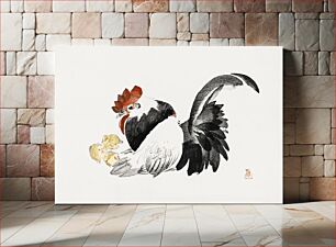 Πίνακας, Japanese rooster and chicks (1615-1868) vintage woodblock print by Shibata Zeshin