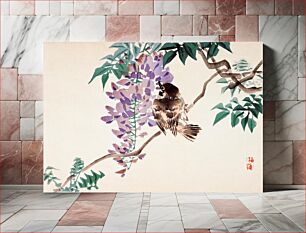 Πίνακας, Japanese sparrow and flower (1859-1895) vintage woodblock print by Kōno Bairei