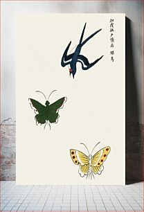Πίνακας, Japanese vintage original woodblock print of swallow and butterflies from Yatsuo no tsubaki (1860-1869) by Taguchi Tomoki