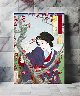 Πίνακας, Japanese woman by a plum tree (1880) vintage woodblock print by Tsukioka Yoshitoshi