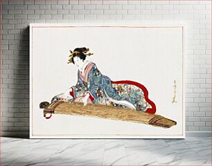 Πίνακας, Japanese woman playing koto (1819-1882) vintage woodblock print by Hasegawa Settei