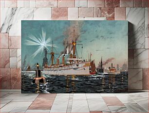 Πίνακας, Kaiserin Augusta verlässt Newyork, Chromo-Lithographie von C. Saltzmann 95, nr13 aus G. Wislicenus, Unsre Kriegsflotte