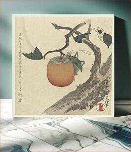 Πίνακας, Kakivrucht met sprinkhaan (ca. 1890–1900) by Katsushika Hokusai