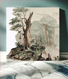 Πίνακας, Kaksi metsästäjää koirineen ammutun riistan vieressä kulissimaisessa maisemassa, 1850 - 1855, Anders Ekman