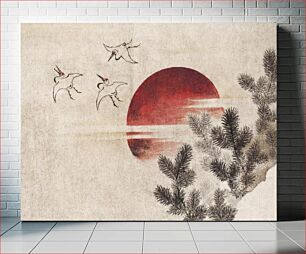 Πίνακας, Katsushika Hokusai's birds and sunset, from Album of Sketches (1814) vintage Japanese woodblock prints