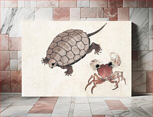 Πίνακας, Katsushika Hokusai's turtle and crab, from Album of Sketches (1814) vintage Japanese woodblock prints