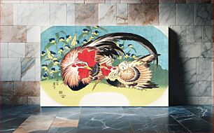 Πίνακας, Katsushika Hokusai’s Rooster, Hen and Chicken with Spiderwort (1830-1833), polychrome woodblock print
