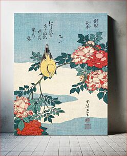 Πίνακας, Katsushika Hokusai’s warbler and roses (1834) vintage Japanese woodblock print by Shibata Zeshin