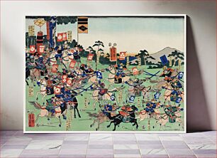 Πίνακας, Kawanakajima no Kassen by Utagawa Kuniyoshi (1798-1861), a woodcut diptych of battle at Kawanakajima, showing two armies of cavalry in a battle with swordsmen a