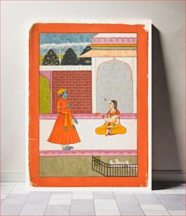 Πίνακας, Krishna stands on left and converses with Radha, who is seated at our right. They are located within an Islamicate court with a landscape in the background and lambs at the lower right