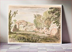 Πίνακας, landscape with heavy trees at L behind a ruined wall; ruined archway at L; 2 figures at R, sketchy figure under archway