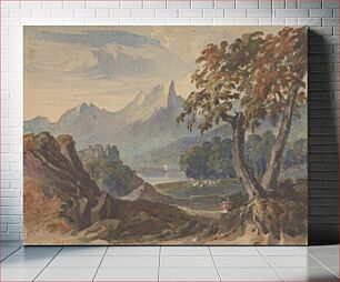 Πίνακας, Landscape with Mountains, Lake Castle, Seated Figure in Foreground