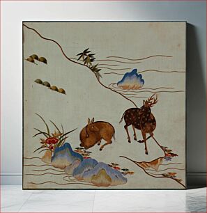 Πίνακας, Landscape with Pair of Spotted Deer, Bamboo, Pine, Lingzhi Fungus, Iris, Water plants and Rocks