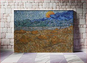 Πίνακας, Landscape with wheat sheaves and rising moon; nl: Landschap met korenschelven en opkomende maan (1889) by Vincent van Gogh