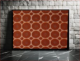 Πίνακας, large and small orange circles covered with small brown oval print against basket weave pattern