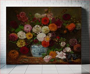 Πίνακας, large bouquet of flowers--mostly dahlias--in white, pink, orange and red, in a blue and white round jar; more flowers and plums in LRC by Eugène Delacroix