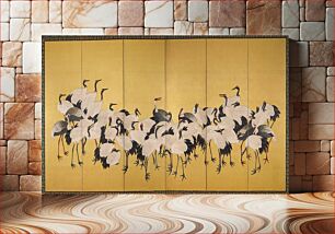 Πίνακας, Large flock of cranes, with a few darker gray cranes against a gold background