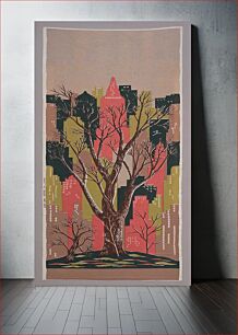 Πίνακας, large panel printed with brown and white bare-limbed tree flanked by 2 small trees; skyscrapers in tan, lime green, pink, dark green and light brown in background