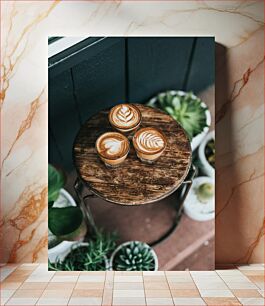 Πίνακας, Latte Art on a Wooden Table Latte Art σε ξύλινο τραπέζι