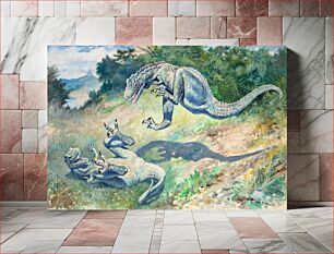 Πίνακας, Leaping Laelaps - Two Laelaps/Dryptosaurus fighting (1897) painting by Charles R. Knight