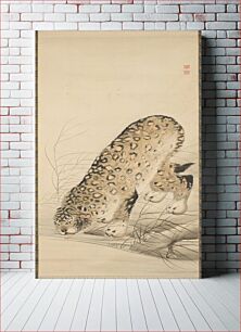 Πίνακας, Leopard leaning down to drink from stream; blue and gold floral brocade border