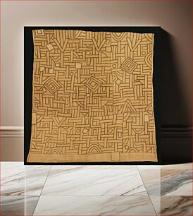 Πίνακας, light tan ground stitched with dark brown overall with a few appliqué pieces; linear and circular geometric elements overall; received mounted