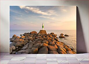 Πίνακας, Lighthouse on Rocky Shore at Sunset Φάρος στη βραχώδη ακτή στο ηλιοβασίλεμα