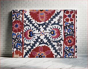 Πίνακας, Linen wall hanging. Panel covered with all-over diaper pattern of red flowers and green leaves. medallion in center. Three borders, one wide and two narrow. Lined. Linen, embroidery