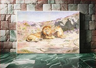 Πίνακας, Lion and lioness in landscape