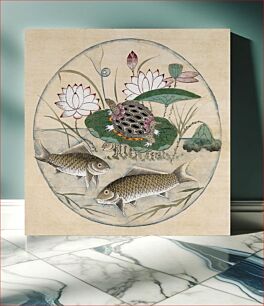 Πίνακας, Lotus and fishes (19th century) vintage Japanese painting