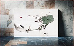 Πίνακας, Lotus and insects (19th century) vintage Japanese painting by Urakami Shunkin