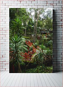 Πίνακας, Lush Garden with Red Bridge Καταπράσινος Κήπος με Κόκκινη Γέφυρα