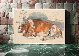 Πίνακας, Lying cow.Above left, a seated peasant girl, t.h.a cat drinking from a dandelion by Johan Thomas Lundbye