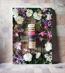 Πίνακας, Macarons and Flowers on Wooden Table Μακαρόν και λουλούδια σε ξύλινο τραπέζι