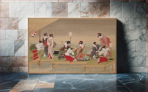 Πίνακας, Male figure in gray and white striped kimono grabs the wrist of a young female attendant who was handing him a red dish; other young women and geisha serve tea, play instruments, and dance around the man; small