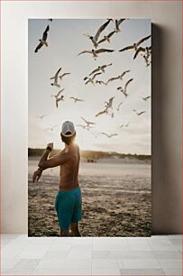 Πίνακας, Man Enjoying the Beach with Seagulls Άνδρας που απολαμβάνει την παραλία με γλάρους