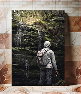 Πίνακας, Man Exploring a Forest Waterfall Άνθρωπος που εξερευνά έναν δασικό καταρράκτη