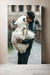 Πίνακας, Man Hugging Fluffy Dog Άνδρας που αγκαλιάζει το χνουδωτό σκυλί