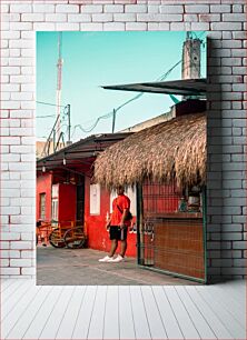 Πίνακας, Man in Red Against a Colorful Urban Background Άνθρωπος με κόκκινο χρώμα σε πολύχρωμο αστικό φόντο