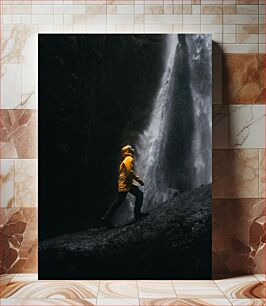 Πίνακας, Man in Yellow Raincoat by Waterfall Man in Yellow Raincoat by Waterfall