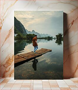 Πίνακας, Man on Bamboo Raft in Serene Landscape Άνθρωπος σε σχεδία μπαμπού σε γαλήνιο τοπίο