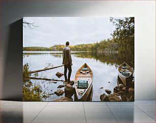 Πίνακας, Man with Canoes by the Lake Άνθρωπος με κανό δίπλα στη λίμνη