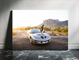 Πίνακας, Man with Sports Car at Sunset in Desert Άνδρας με σπορ αυτοκίνητο στο ηλιοβασίλεμα στην έρημο