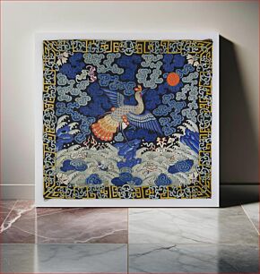 Πίνακας, Mandarin Square, embroidered silk made into a portfolio; light blue, dark blue, grey, red and orange silk threads on dark blue background; scene is of crested bird with wings outstretched