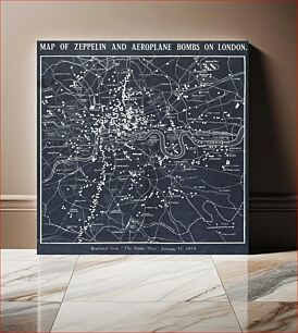 Πίνακας, Map of Zeppelin and aeroplane bombs on London. From: World War I photograph album (1919) by Herbert Green