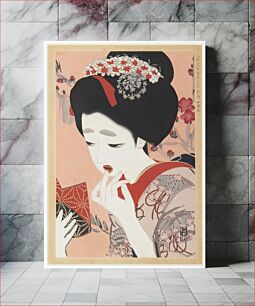 Πίνακας, "March, apply lipstick", from the series the Collection of New Ukiyo-e Beauties (Shin-ukiyoe bijin awase). Wood block print