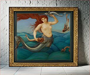 Πίνακας, mermaid with flowing red hair rising above the waves; she is holding a fish in each hand