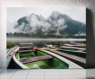 Πίνακας, Misty Mountain Lake with Boats Misty Mountain Lake with Boats