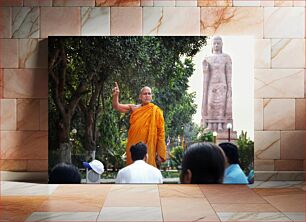 Πίνακας, Monk Giving a Lesson in Front of Buddha Statue Μοναχός που δίνει ένα μάθημα μπροστά από το άγαλμα του Βούδα