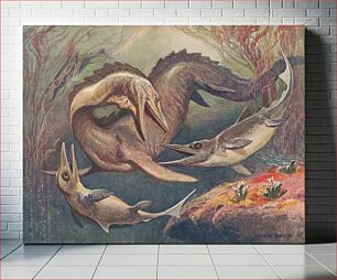 Πίνακας, Mosasaurus and Ichthyosaurs. Illustration for Die Wunder der Urwelt (1912) LARGE VERSION